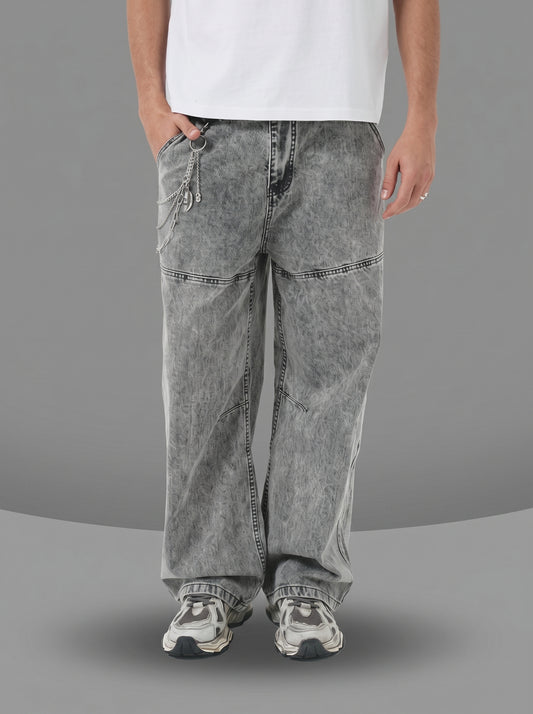 Washed Curved Blade Wide-Leg Denim Jeans