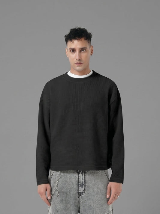 Waffle Knit Cropped Crewneck Long-Sleeve