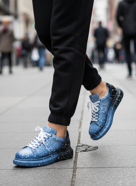 Men's Color Wave Two-Tone Pulse by Apollo Moda, hand-painted black sneaker with blue splatter, second angle