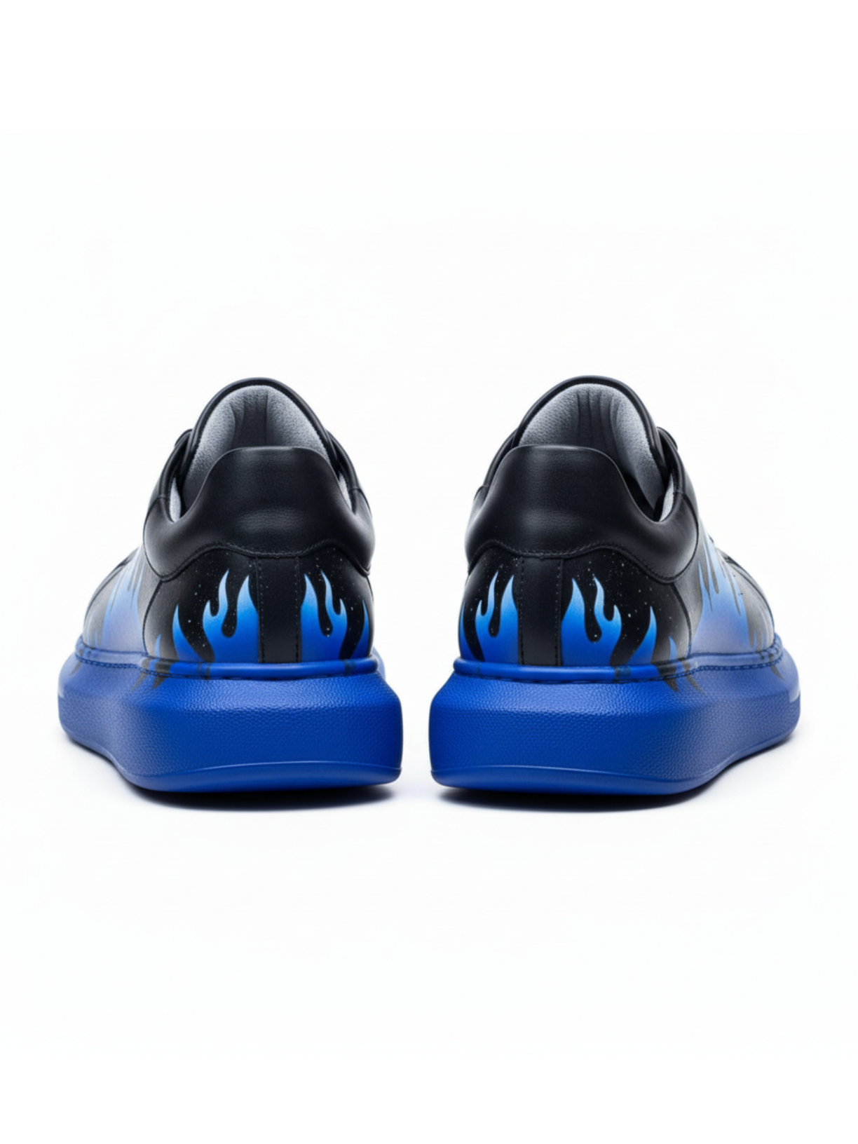 Kinetic Vibe Rhythm Shift blue and black flame sneaker by Apollo Moda, third angle